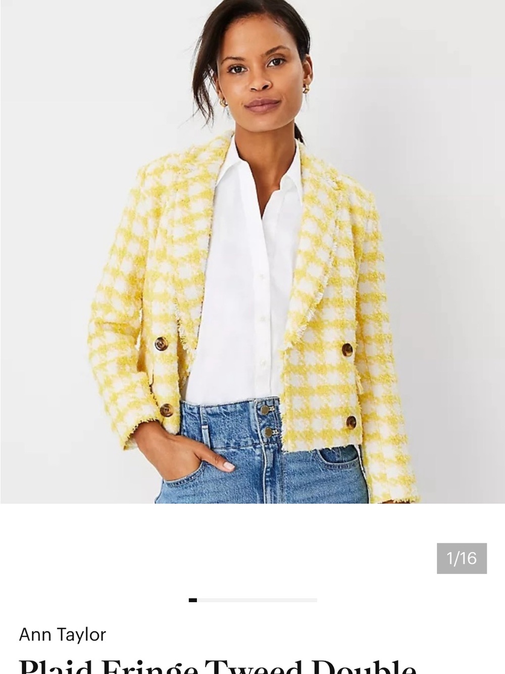 Ann Taylor Yellow & White Tweed Cropped Double-Breasted Blazer